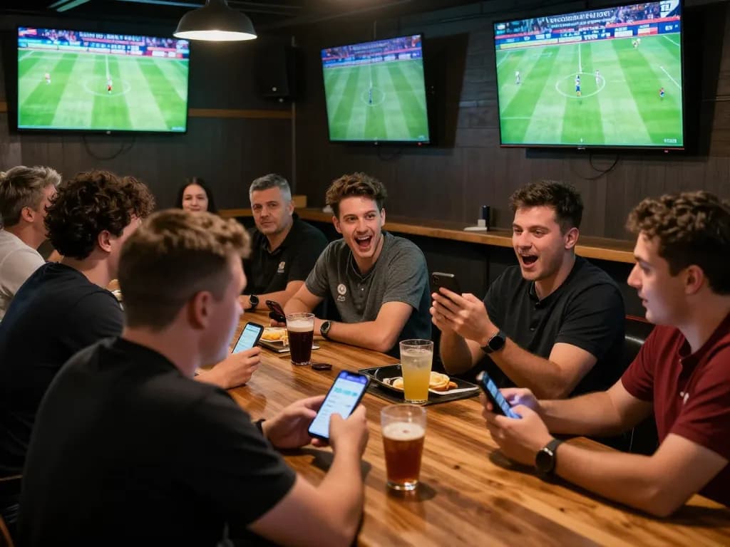 Engaging scene of sports fans tracking kèo bóng đá trực tuyến on smartphones while watching live games.