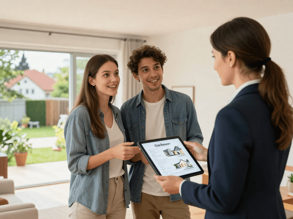 Immobilienmakler in Gießen berät ein glückliches Paar in einem modernen Zuhause in der Umgebung.