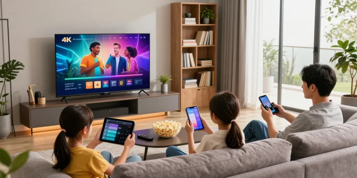Familienzeit mit IPTV kaufen: modernes Wohnzimmer, 4K-Streaming, gemütliche Atmosphäre.