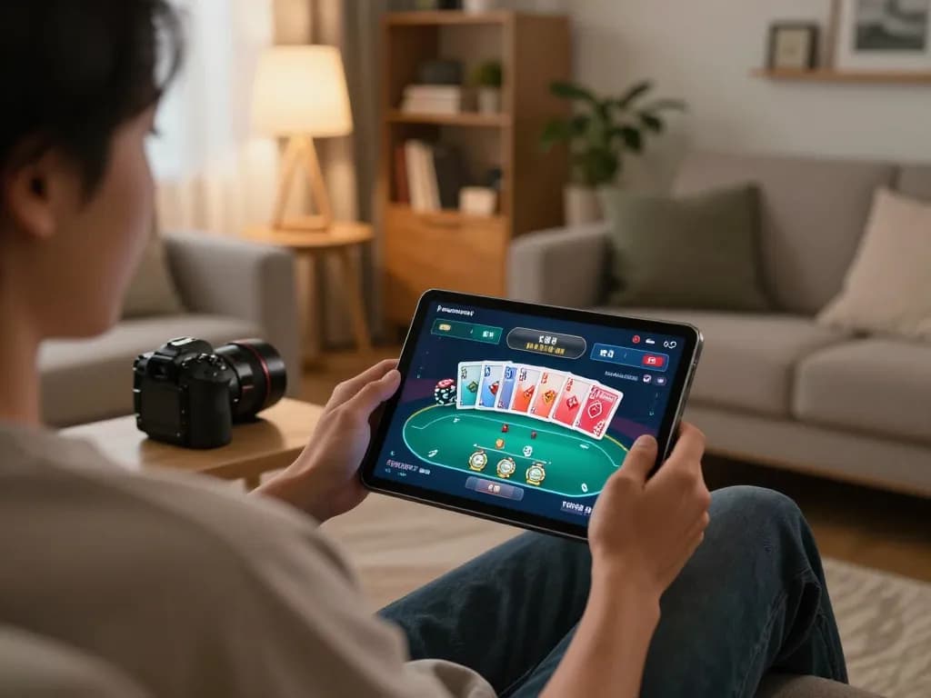x88 gaming at home as a user engages in poker gameplay on a tablet in a cozy setting.