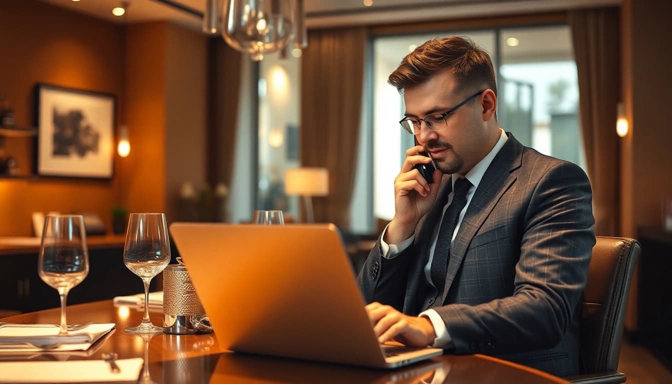 Headhunter Gastronomie spricht mit einem Kandidaten in einem modernen Büro, umgeben von gastronomischen Elementen.