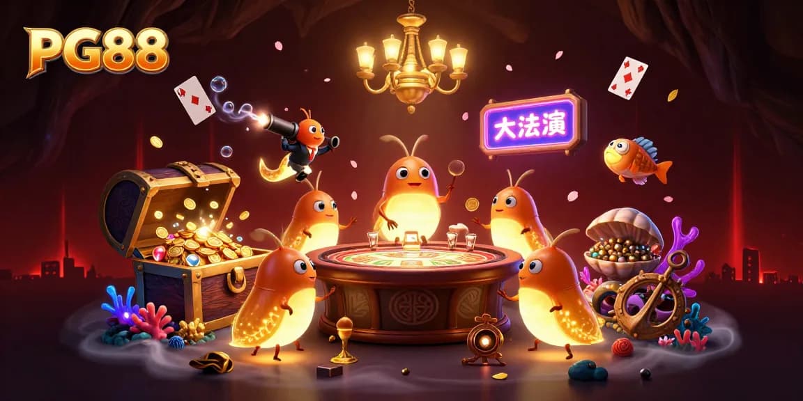 Experience PG88's vibrant casino world with glowworms illuminating an underwater treasure-filled scene.