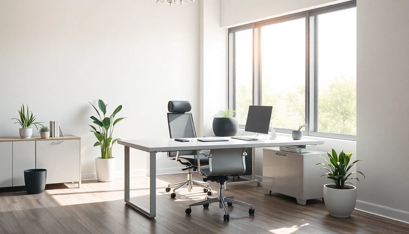 Modernes Büromöbel-Setup mit ergonomischem Schreibtisch und stilvollem Stuhl für eine produktive Arbeitsumgebung.