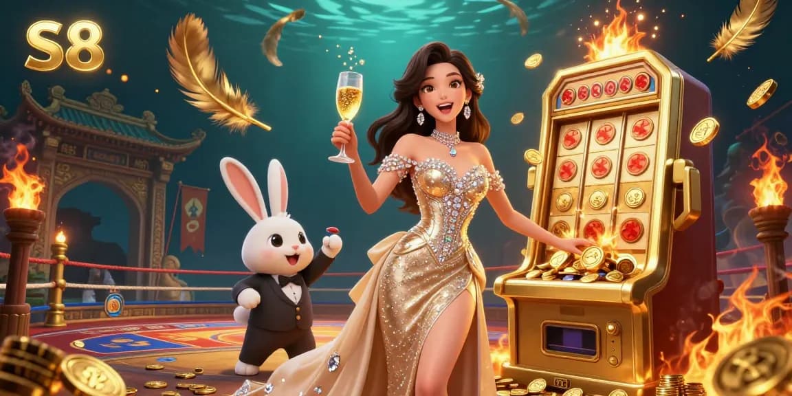 S8 casino features a glamorous woman celebrating with a jackpot slot machine, surrounded by vibrant casino elements.