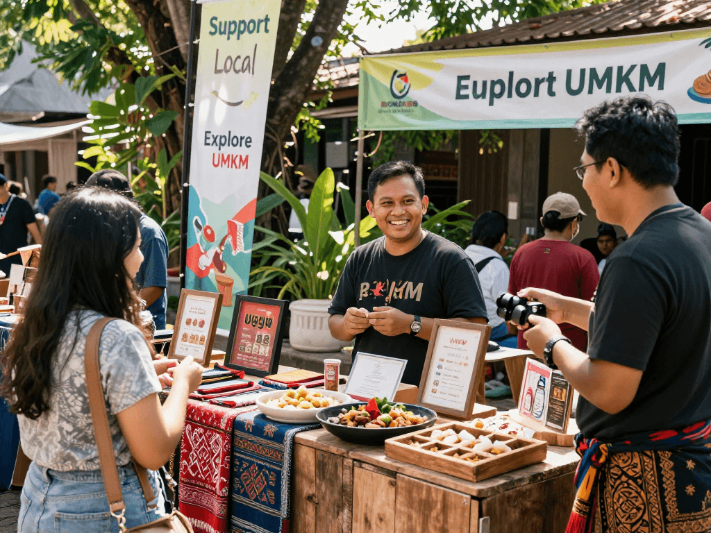 Vibrant local market scene featuring rokok88 products, artisans showcasing unique handmade crafts.