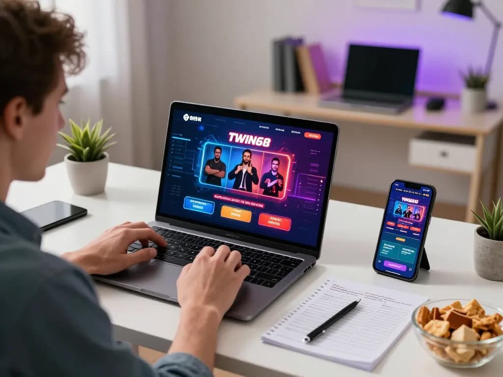 TWIN68 online gambling session showing player using laptop and smartphone for strategic gaming