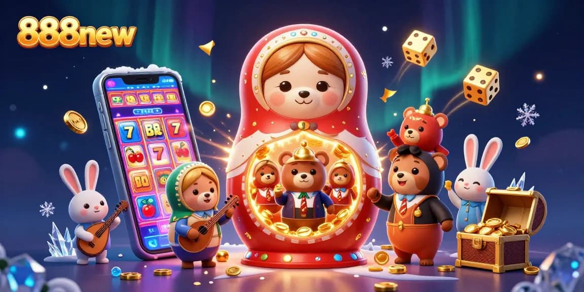 Experience the excitement of 888new with vibrant scenes featuring jackpot slots, animated characters, and casino flair.