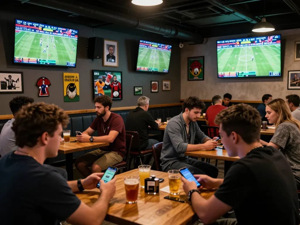 Tỷ lệ kèo nhà cái 5 highlighted as bettors enthusiastically placing wagers in a lively sports bar.
