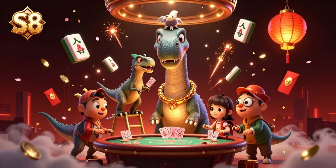 S8 engages players as a brontosaurus towers over a poker table with a clever raptor dealer amid colorful casino elements.