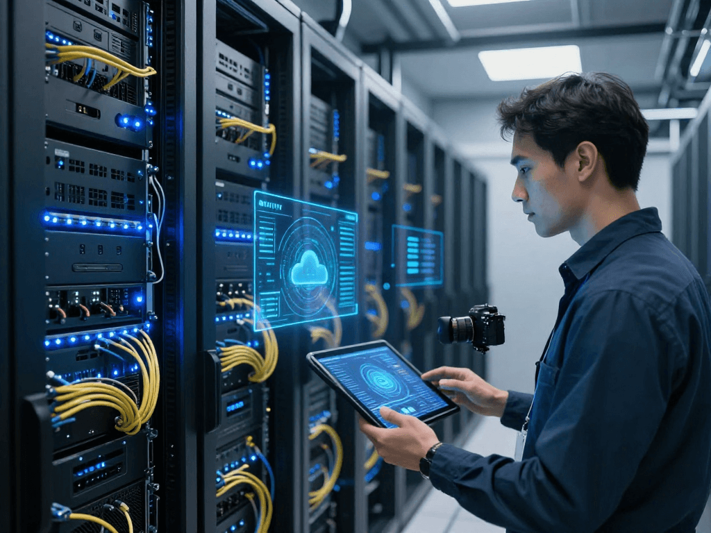Iptv reseller technology in a cloud computing environment, showcasing advanced data centre systems and cybersecurity protocols.