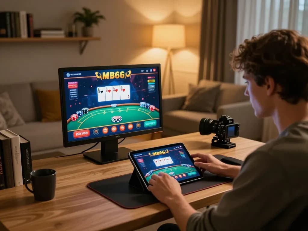 Player enjoying MB66 online casino gaming with tablet set in a cozy home environment