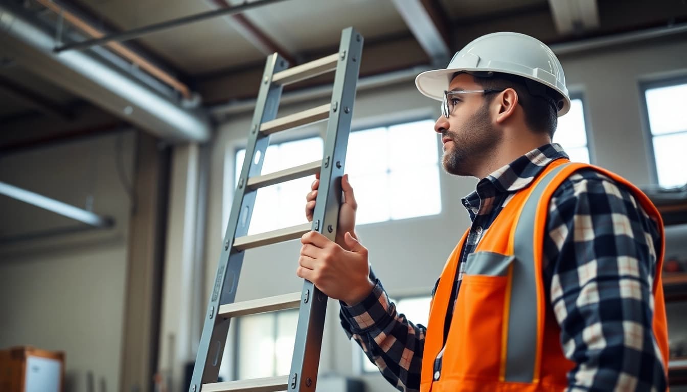 Leiterprüfung durch einen Experten in einem sicheren, gut beleuchteten Arbeitsumfeld.