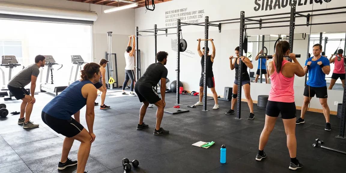 Aktive Athleten im Global Pharma Steroid Shop beim Training in einem modernen Fitnessstudio mit motivierender Atmosphäre.