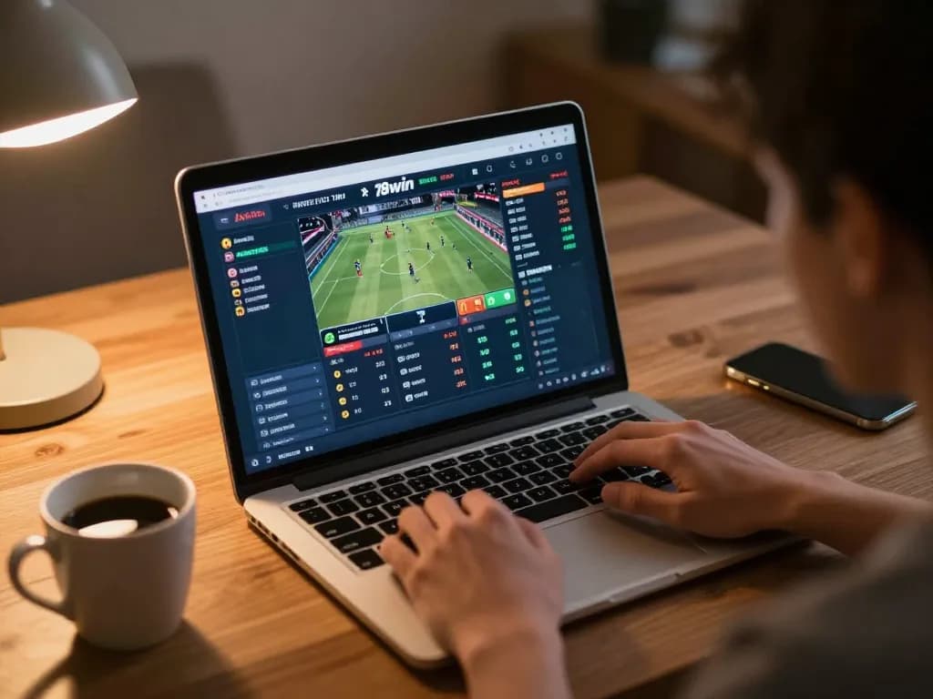 Engaging in sports betting on the 78win platform with live odds displayed on a laptop.