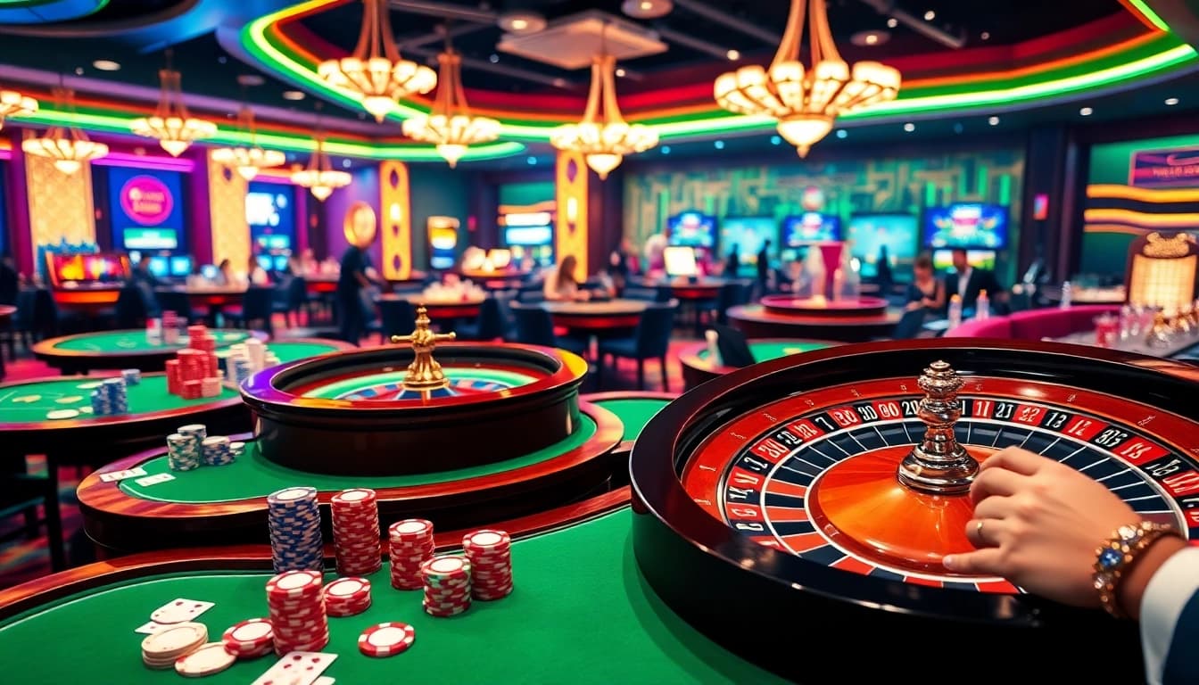 MM88 casino scene showcasing vibrant tables, poker chips, and roulette excitement.