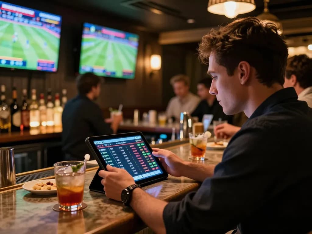 Tỷ lệ kèo nhà cái hôm nay in a lively sports betting scene with an engaged bettor analyzing live odds.