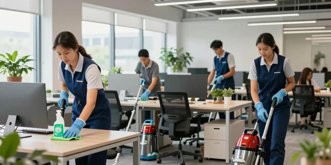 Professionelle Unterhaltsreinigung Hannover in modernem Büro mit engagiertem Reinigungsteam und umweltfreundlichen Reinigungsmitteln