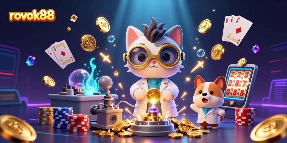 Experience thrilling gameplay with rokok88 in a dynamic online casino scene featuring sparkling coins and vibrant characters.
