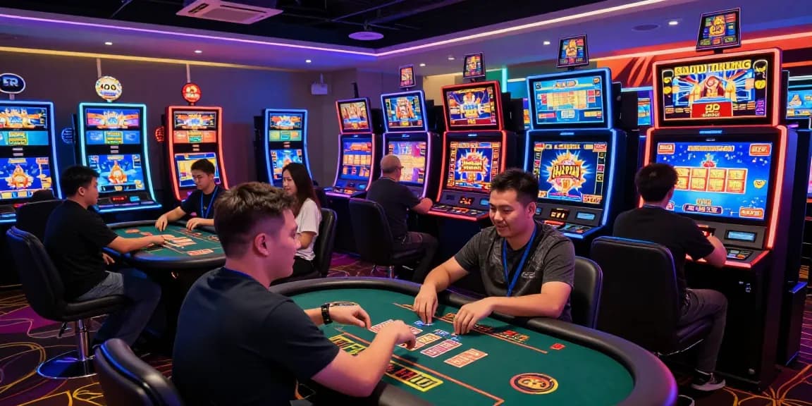Engaging gaming atmosphere at https://gemwin.pics/ featuring players enjoying popular card games and vibrant slot machines.