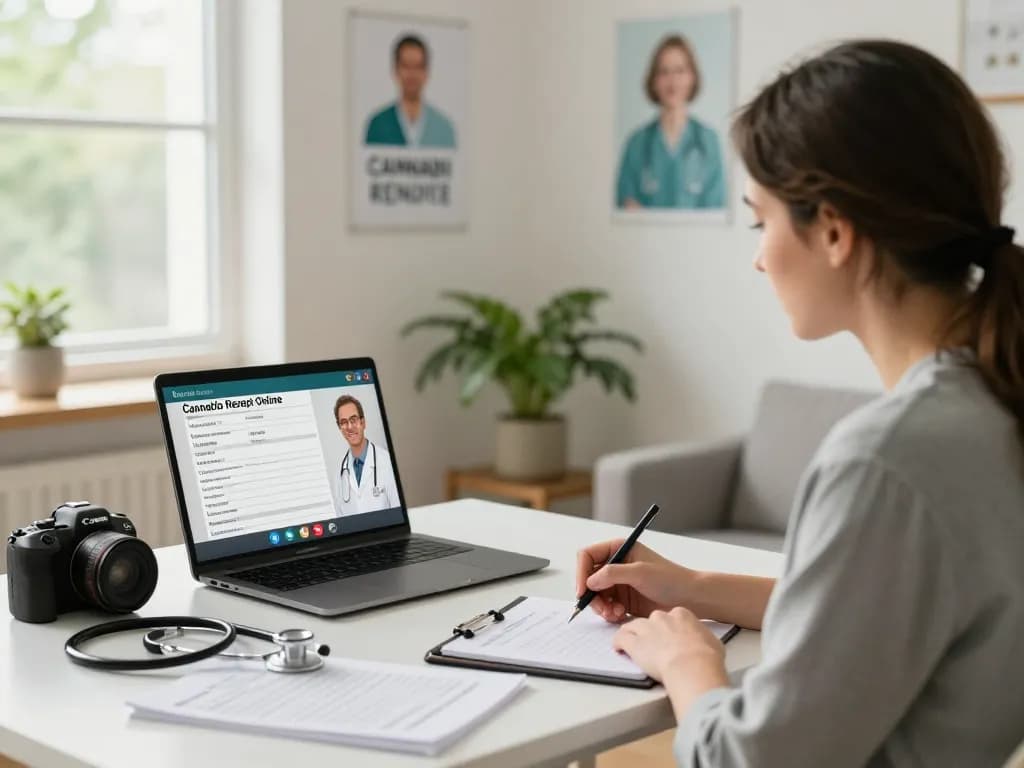Konsultation für ein Cannabis Rezept Online bestellen in einem modernen Telemedizin-Setup mit einem Patienten und einem Arzt, die online diskutieren.