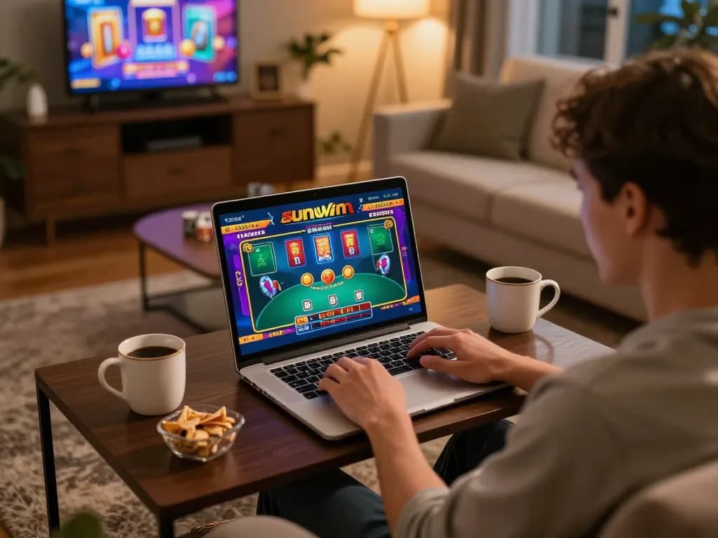 Engaged player experiencing Sunwin's online gaming interface at home, with vibrant colors and cozy setting.