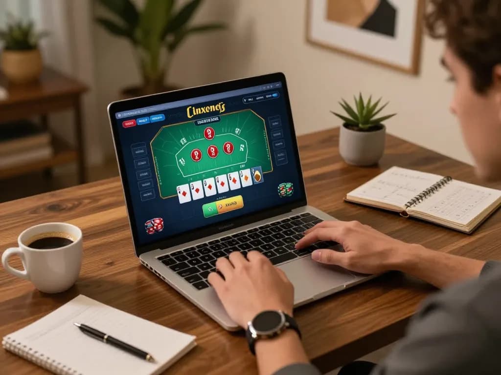 Person playing blackjack online with 789betpa on a laptop, cozy home environment enhancing the gaming experience.