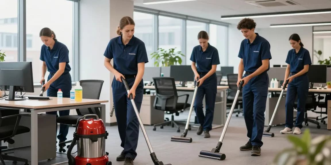 Professionelle Gebäudereinigung Düsseldorf: Reinigungsteam bei der Arbeit in einem hellen Büro.