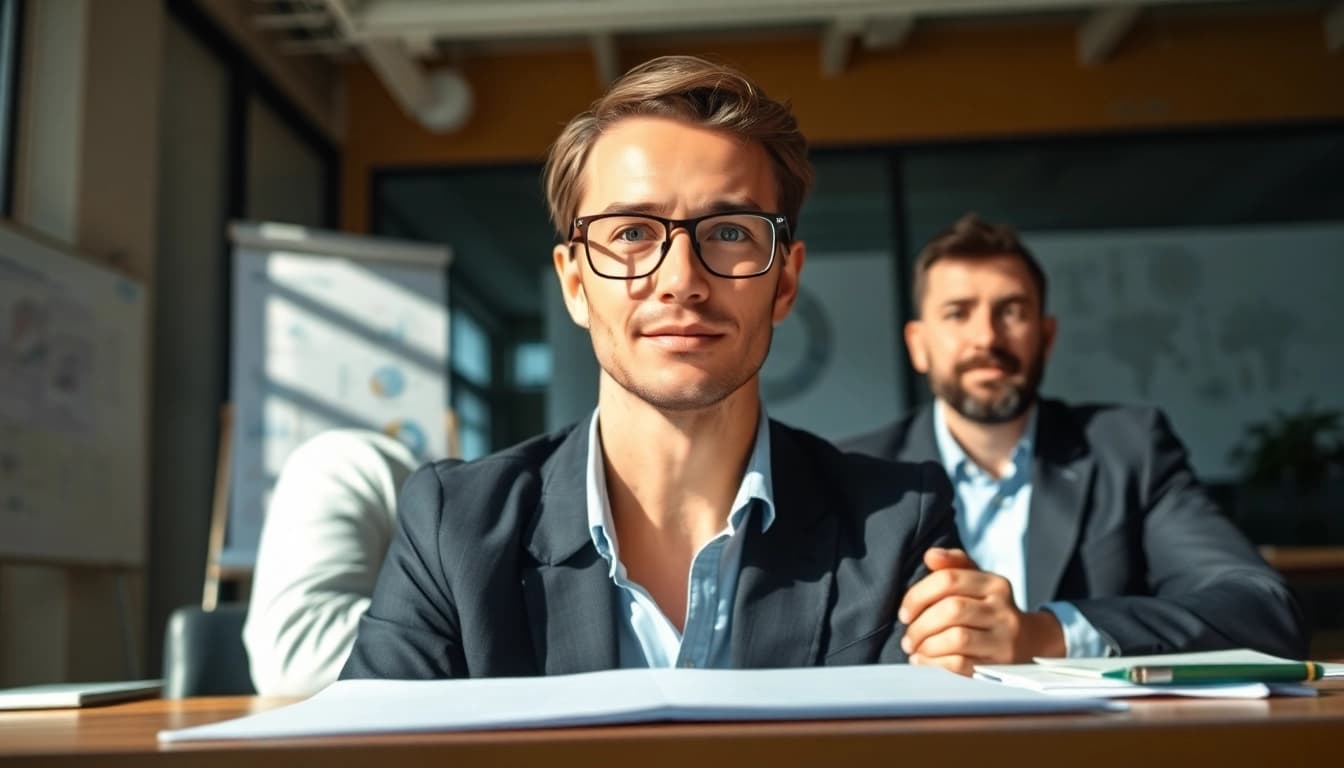 Headhunter Ingenieure im Gespräch mit einem Ingenieur, der seine Fähigkeiten präsentiert.