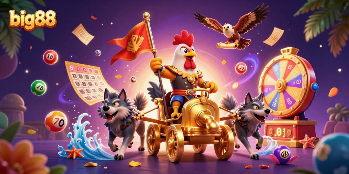 big88 gaming scene showcasing a rooster warlord with lottery elements, vibrant colors, and thrilling action.