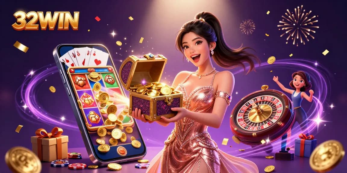 Experience thrilling wins at 32WIN with treasures overflowing in a vibrant 3D casino scene.
