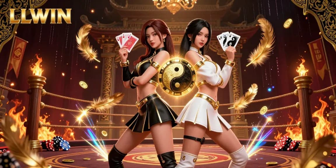 Experience thrilling gameplay with LLWIN as two Asian women hold contrasting playing cards amidst a rich casino backdrop.