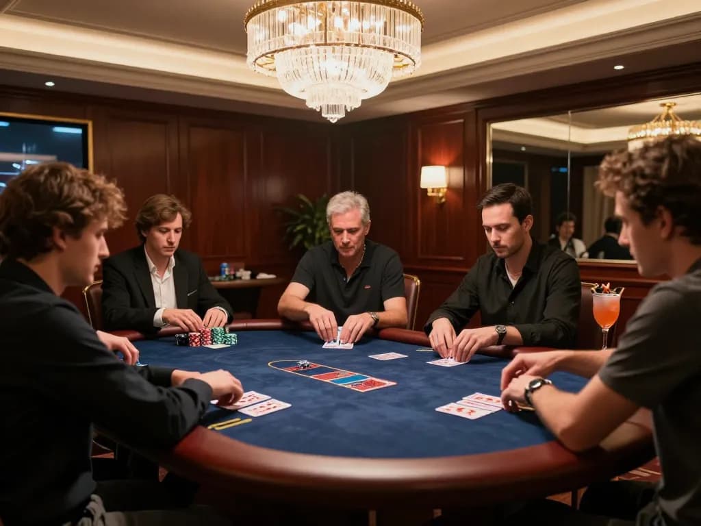 Players enjoying competitive gaming at RR99 casino poker table in a luxurious setting