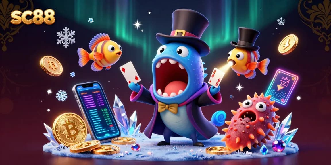 Experience thrilling card tricks with sc88's magical undersea characters in this vibrant casino-themed illustration.