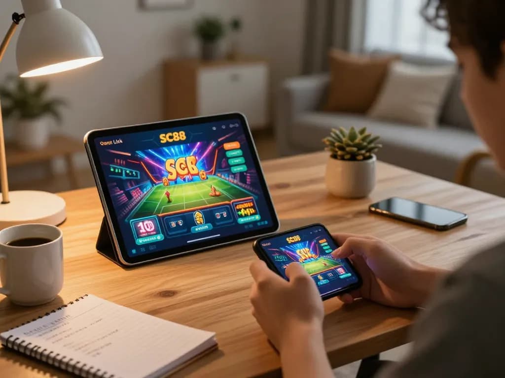 Engaging moment with SC88 Link app on smartphone, player enjoying online casino game