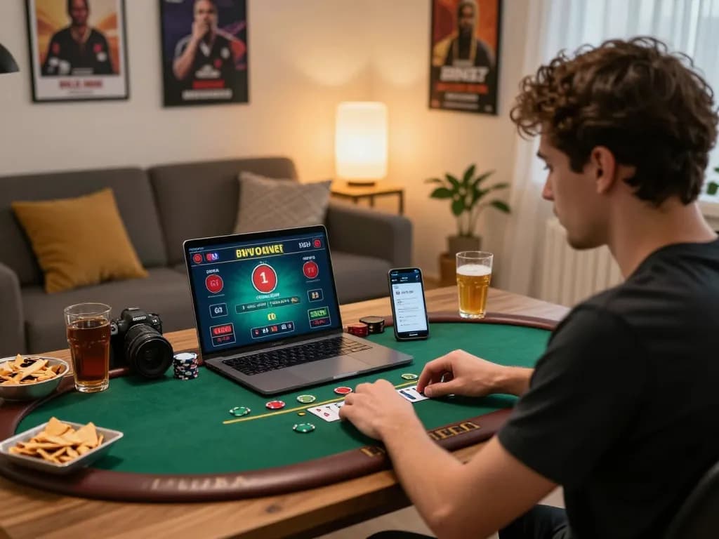 BCX88 player enjoying responsible gaming with live dealer blackjack on a laptop in a cozy home setup.