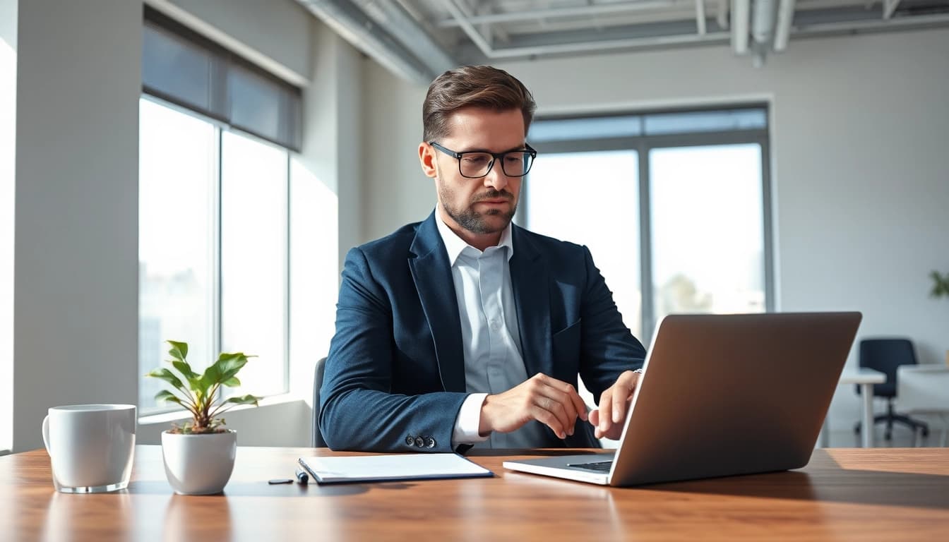 Headhunter analysiert Lebensläufe am Schreibtisch, inspiriert professionell.