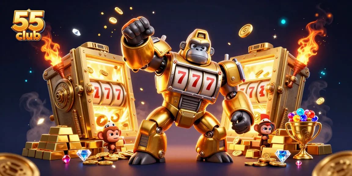 Experience the thrill at 55 club with a dynamic transformer-style mech and jackpot elements bursting with excitement.