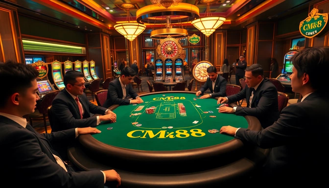 Exciting CM88 poker table action amidst a luxurious casino atmosphere.