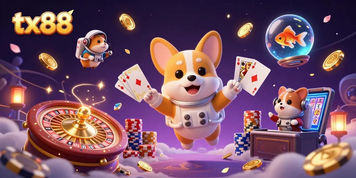 tx88 engages players with a vibrant casino scene featuring a corgi and floating elements