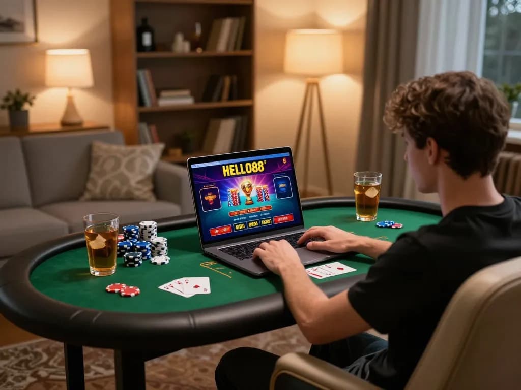 Player enjoying an online HELLO88 gaming session on a laptop in a cozy setting, surrounded by gaming elements.