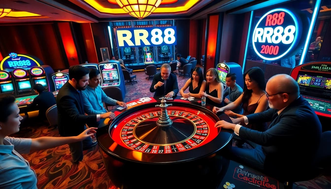 Players enjoying an exciting roulette game at RR88, surrounded by vibrant casino elements.