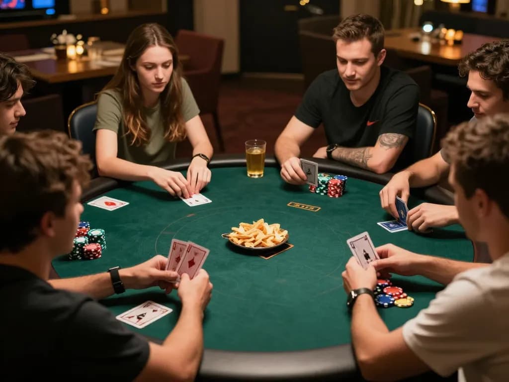 Friends enjoying a lively poker night at home, showcasing strategies and camaraderie with bj88bj.