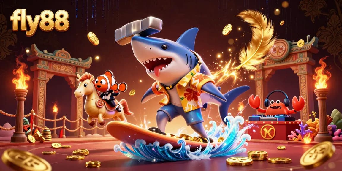 Surf vibrant casino adventures with fly88; 3D shark rides gold coins in a dynamic gaming scene.