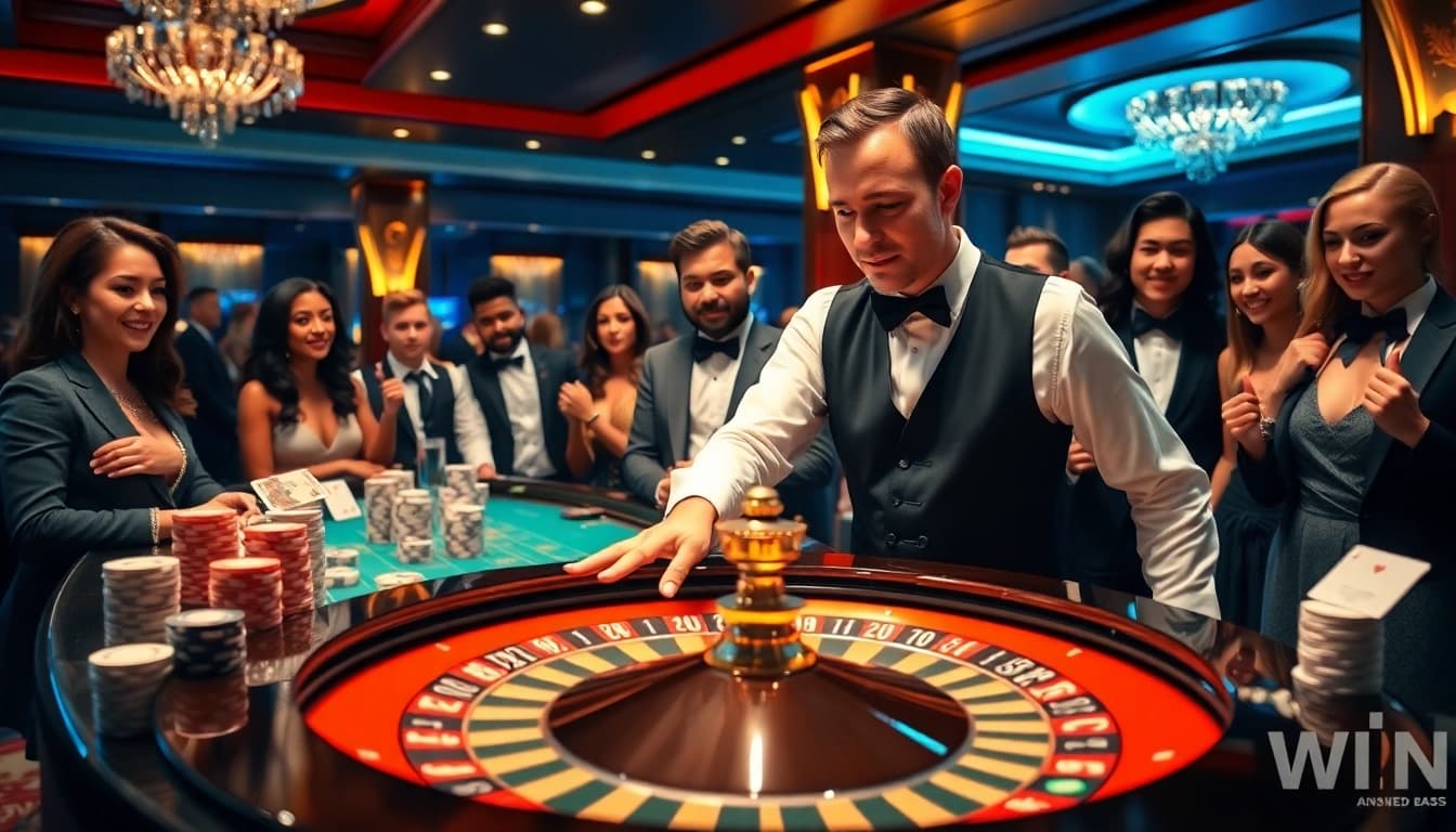 Experience the thrill of 33WIN as players engage at a luxurious roulette table filled with excitement.