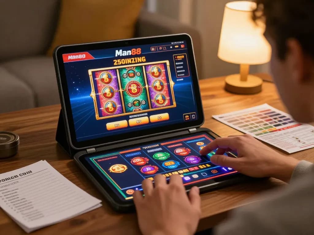 Player engaging with man88 online casino interface on tablet surrounded by strategic gaming notes.