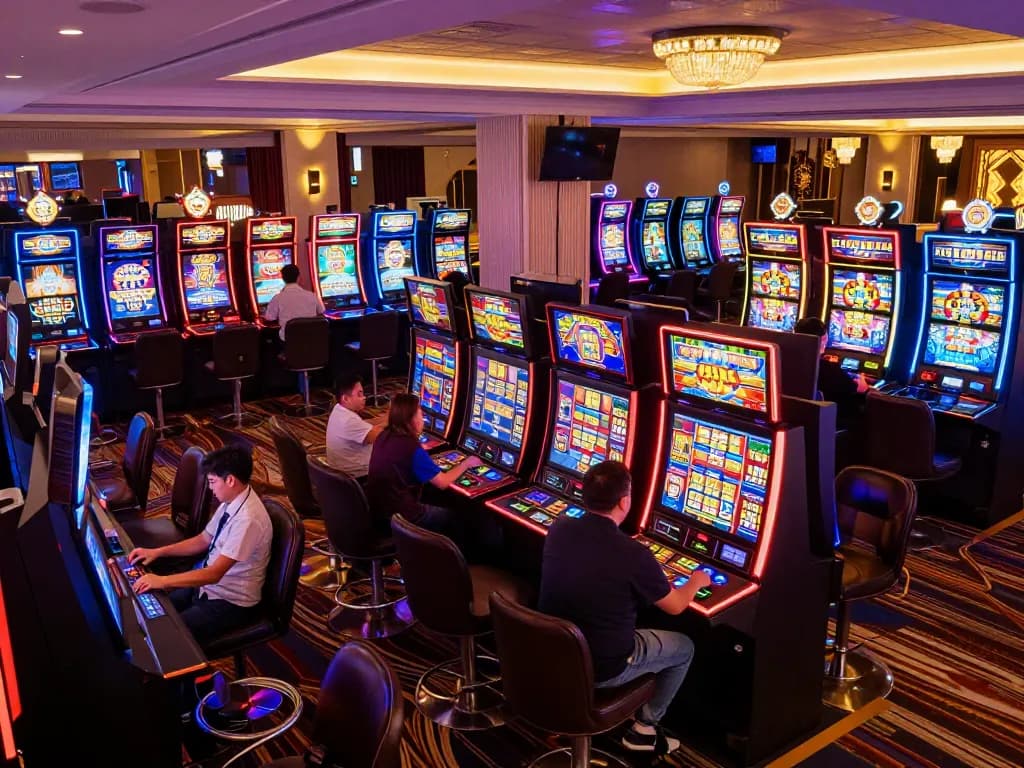 Players enjoying dynamic game nổ hũ at vibrant casino floor with slot machines and colorful lights