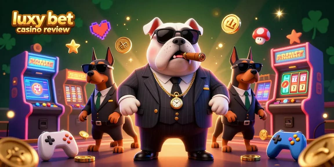 Experience the thrill of Luxy Bet Casino Review with a mafia boss and his bodyguards amid vibrant gaming elements.