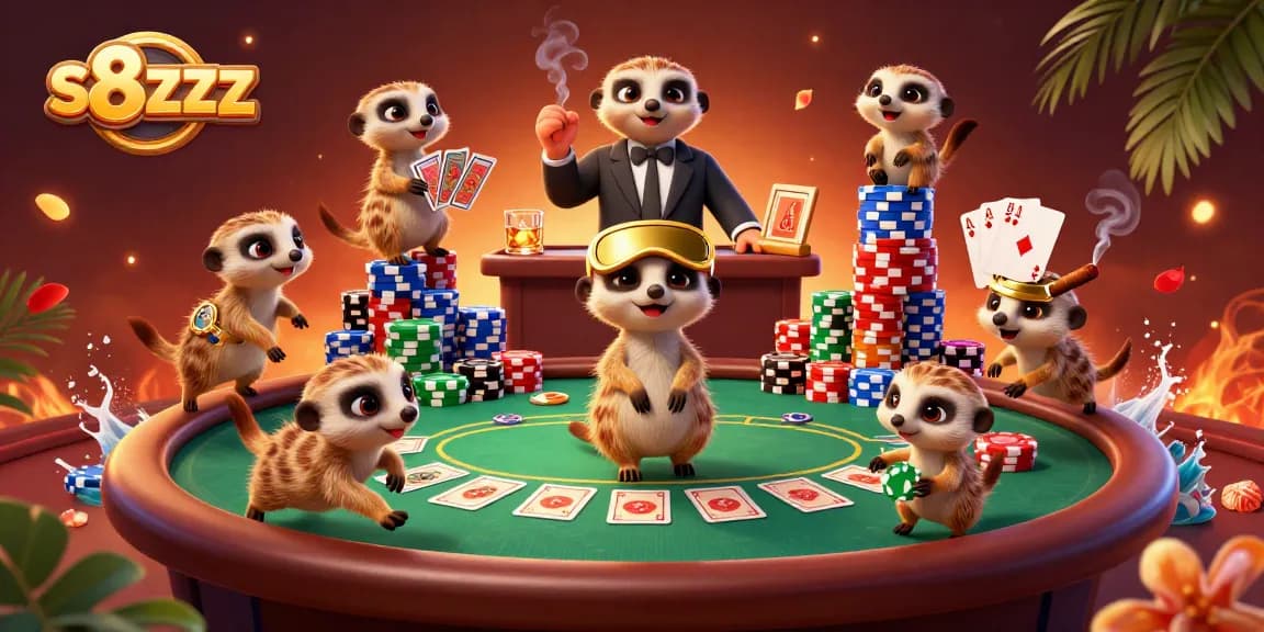Experience the fun of s8zzz with meerkats managing a busy casino scene filled with poker chips and games.