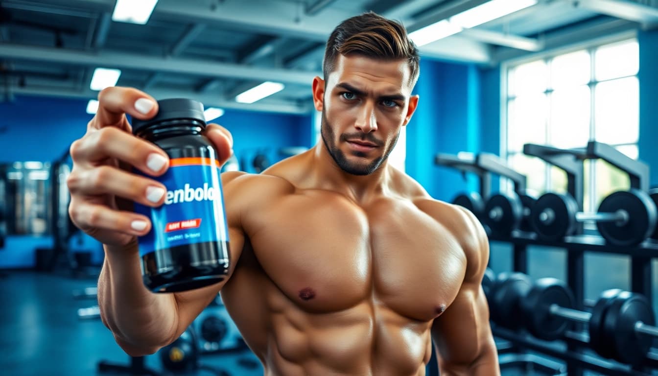 Der trenbolon preis wird neben einem athletischen Sportler in einem modernen Fitnessstudio hervorgehoben.
