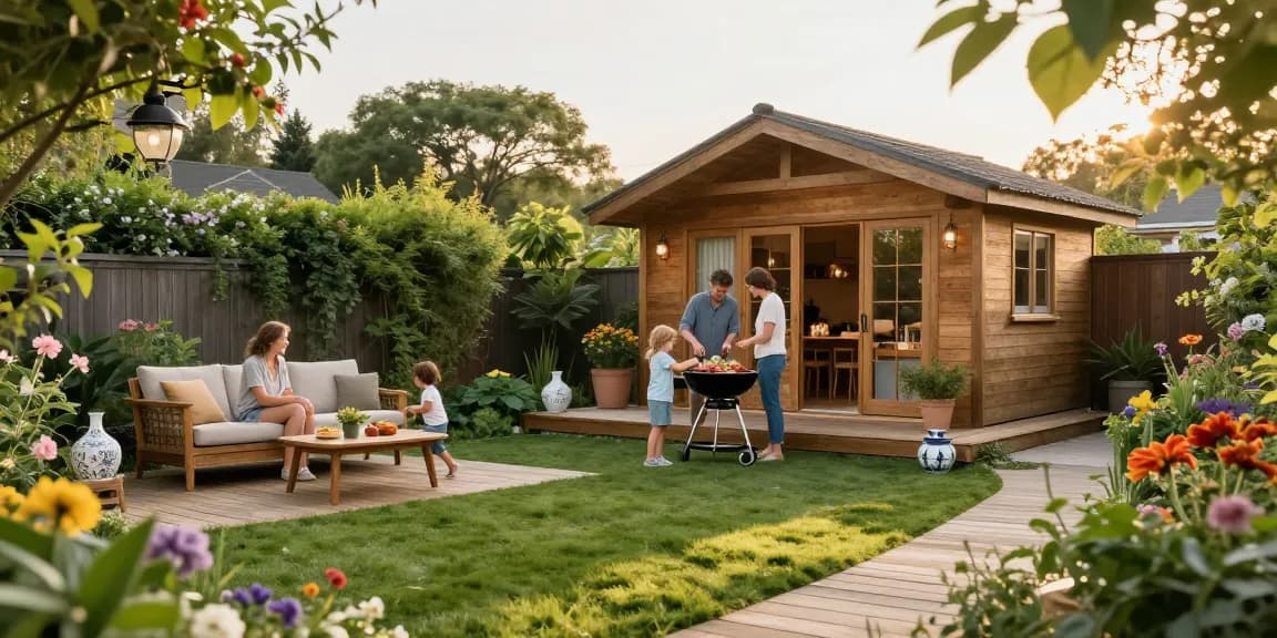 Gartenhaus kaufen - ein stilvolles Gartenhaus umgeben von Blumen im sonnigen Garten, ideal für Familienfeiern.